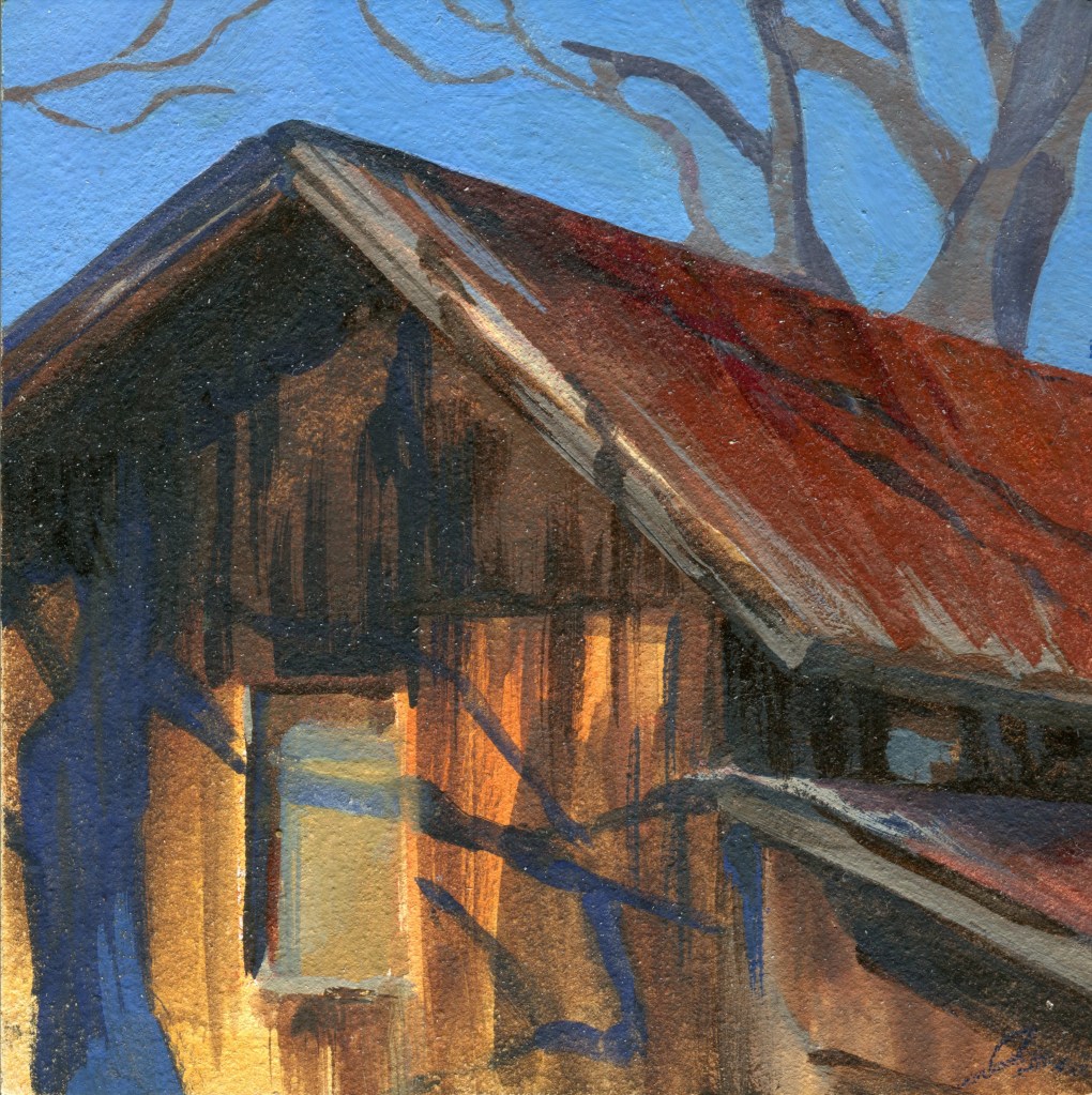 A gouache painting of a building with a red roof